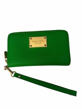 Michael Kors Green Saffiano Wristlet Wallet with Gold Plaque